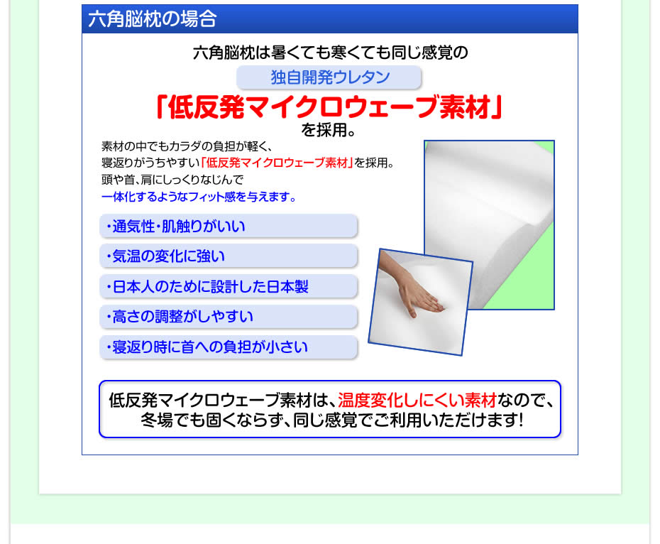 六角脳枕は独自開発ウレタン「低反発マイクロウェーブ素材」を採用