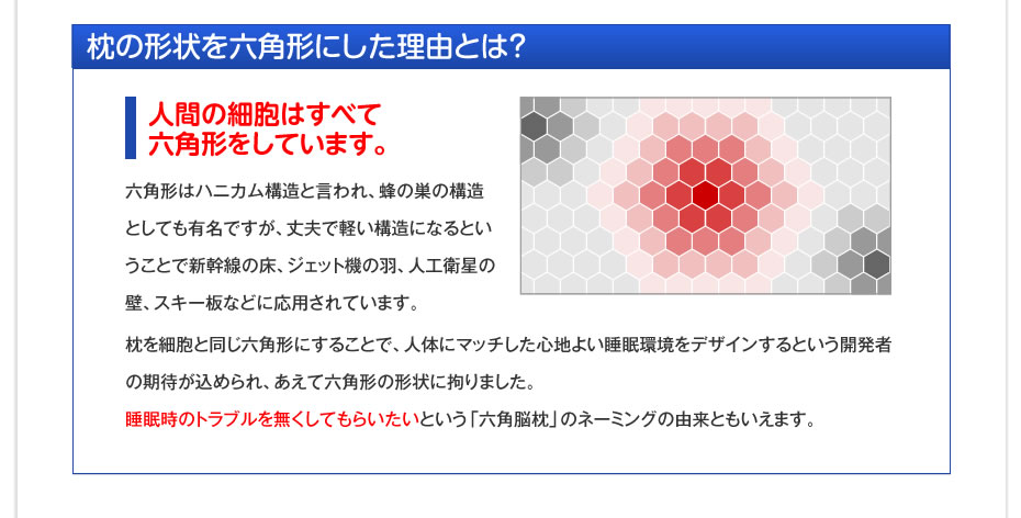 脳波を改善し、肩こり・頭痛・不眠の悩みを無くしてもらいたいというハニムカ構造の「六角脳枕」